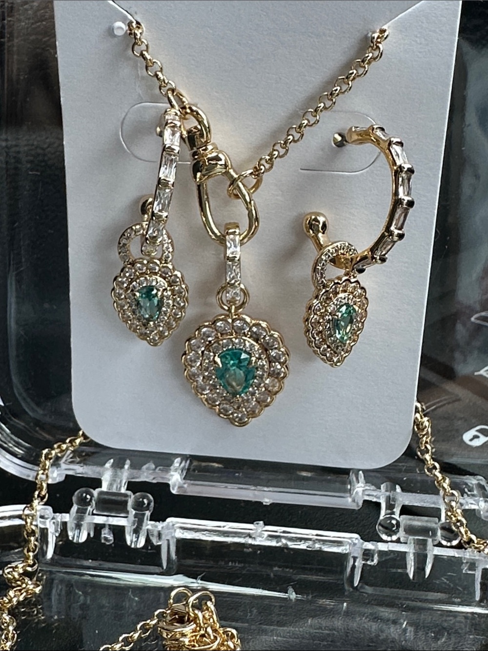 Gold Plated Heart Pendant Necklace and Hoop Earrings with Emerald Green Stones